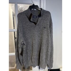 CHAPS Men Henley Sweater Elbow Patch Gray Rib Knit Collar 100% Cotton XXL